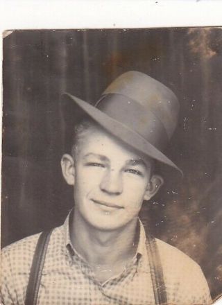 Vintage Photo Booth: Smirking Young Man In Suspenders & Big Fedora Hat