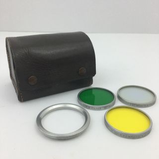 Vtg Leather Filter Camera Lens Case Germany W/3 Wratten Filters Green Yellow