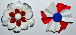 2 Vintage Enamel Red,  White & Blue 4th Of July Patriot Summer Flower Brooch