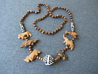 Vintage African Carved & Painted Animal Shaped Wooden & Glass Beads Necklace