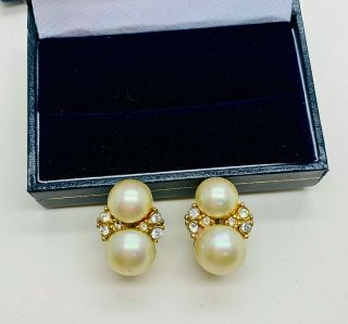 Vintage Jewellery Signed Christian Dior Pearl/clear Crystal Clip On Earrings