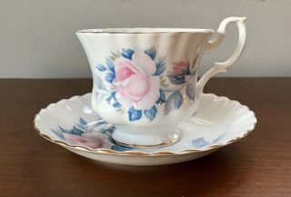 Vintage Royal Albert Tea Cup And Saucer Pink And Blue Roses Gold Trim Euc