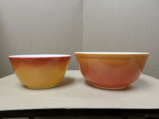 2 Vintage Pyrex Flameglo Orange 402 & 403 Mixing Bowls 1 1/2 & 2 1/2 Qt.