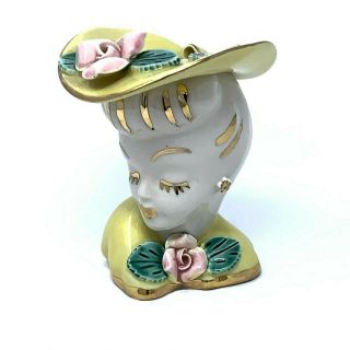 Vintage Bashful Fancy Lady Head Vase With Yellow Hat 4 1/2 " Gold Leaf Trim Face