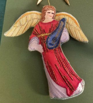 Vintage Chinese Satin Embroidered Fabric Angel & Harp Christmas Ornament