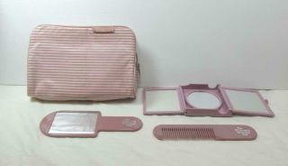 Vintage Tea Rose Vinyl Cosmetic Travel Bag Set Comb Hinged 3 Way & Hand Mirror