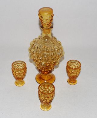 Vintage Amber Glass Grape Embossed Wine Decanter & 3 Glasses