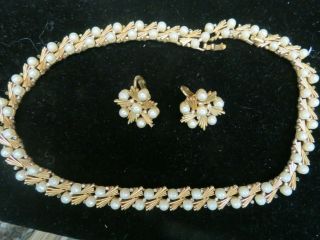 Vintage Trifari Pearl And Rhinestone Necklace And Earrings Set Two Clasps