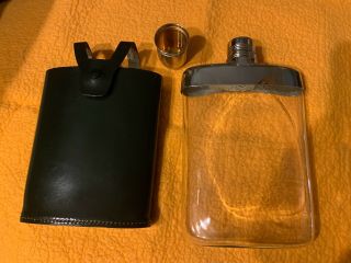 Vintage Glass And Chrome W/ Leather Holder Hip Flask Made In Germany