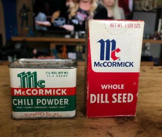 Vintage Mccormick Advertising Nos Spice Tin Chili Powder Whole Dill Seed Can Old
