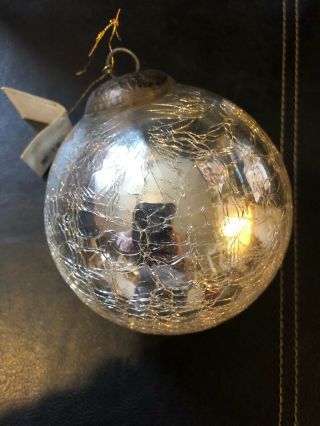 Vintage Kugel Mid West Crackle Glass Large Silver Christmas Ornament - Brass Top -