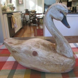 Vintage Shabby Chic Lodge White Carved Wood Swan Goose Duck Decoy Signed Dated 1