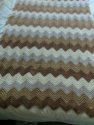 Vintage Hand Crochet Afghan Throw Blanket Chevron Pattern Brown Cream Gray