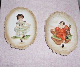 Vintage Lefton Bisque Wall Plaques,  Kw3777,  Pair,  Dancing Girl,  Boy,  Handpainted