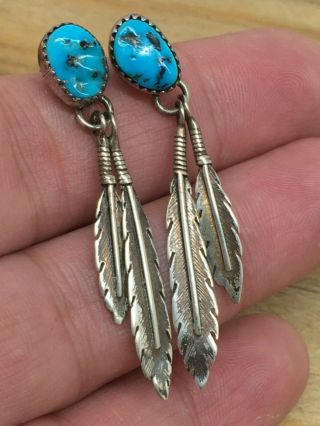 Vintage Navajo Native American Sterling Silver Turquoise Feathers Earrings