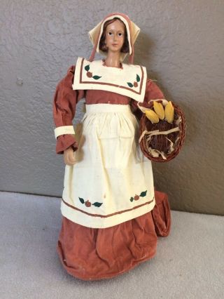 Vintage Pilgrim Woman Resin And Paper Mache On Cone Table Decor Thanksgiving 12 "