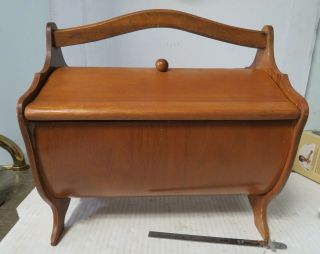 Vintage Wood Sewing Box - 2 Top Doors - Curved Handle - Round Bottom
