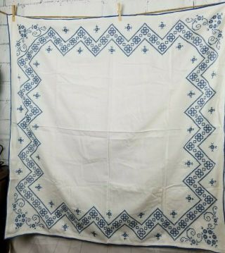 Vintage Hand Embroidered Cross - Stitch Square Linen Tablecloth White Blue 46 " X46 "
