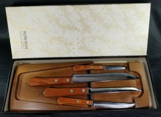 Set Of 4 Robeson Shur Edge Knives W/ Wooden Rack In Orig Box Vintage York