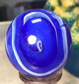 Huge 1 1/4” Vintage Number 9 M.  F.  Christensen Blue Glass Slag Marble Toy