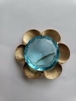 Chunky Vintage Crown Trifari Turquoise Blue Flower Rhinestone Goldtone Brooch
