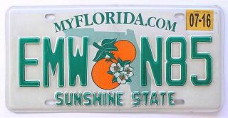 Florida 2016 " Orange Blossom " License Plate,  Emw N85,  Sunshine State