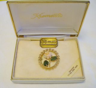 Vintage Krementz 14k Gold Overlay Coral And Jade Rose Brooch Pin