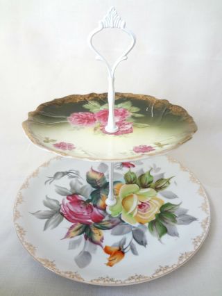 10 " Tea Cake Tierd Stand Vintage Roses Plate Cookies Hors De Oeuvres Servingware