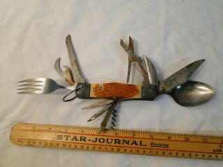 Vintage Camping Knife Multi - Tool Folding Cutlery Spoon Fork Hike Camp Hobo Japan