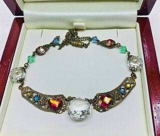 Vintage Jewellery Czech Art Deco Crystal/foil Glass Filigree Necklace