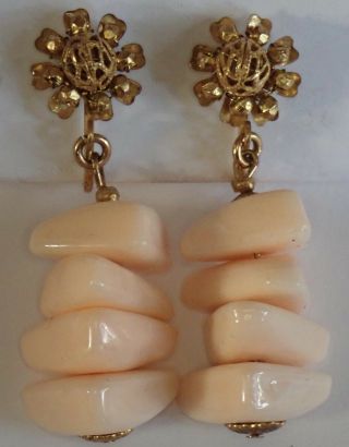 Vintage Miriam Haskell Gold Gilt Brass Faux Angel Skin Coral Dangle Earrings