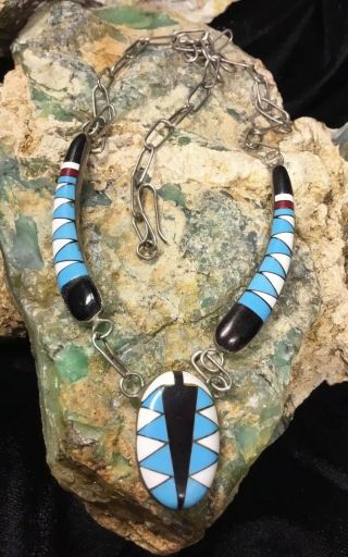 Vintage “handmade” Zuni Sterling Silver & Multi - Colored Stone Inlayed Necklace