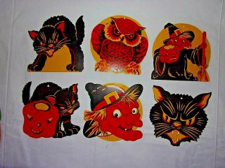 6 Vintage Cardboard Halloween Die Cut Decorations Black Cats Witches Pumpkin Owl