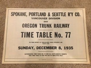 1935 Spokane Portland Seattle Railway Employee Timetable Vancouver Division 77