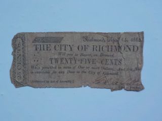 Civil War Confederate 1862 25 Cents Note The City Of Richmond Virginia Money Vtg