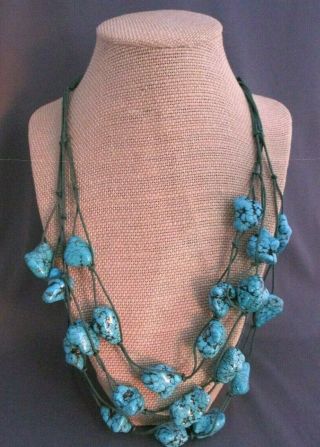 Vintage Old Pawn Multi Strand Hand Knot Net Chunk Turquoise Toggle Bib Necklace