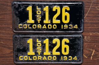 1934 Colorado Lost License Plate Pair / Set Low Number Tags 1 - 126
