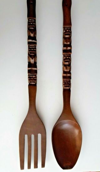 Vintage Tiki Totem Wood Fork Spoon Hand Carved 28 " Mid Century Mcm Island Decor