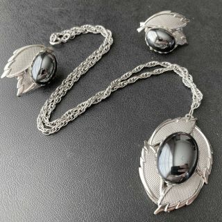 Signed Park Lane Vintage Hematite Silver Tone Flower Necklace & Earrings Set 10