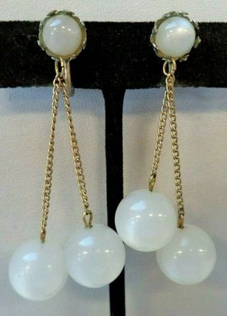 Stunning Vintage Estate White Moonglow Bead 2 3/8 " Clip Earrings 2750j