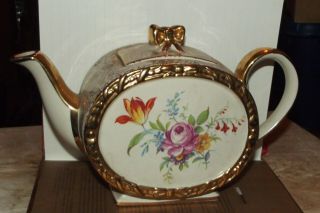 Vintage Sadler Teapot Tea Pot Flowers Gold Trim Bow To Lid