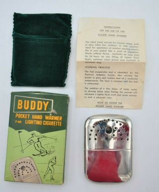 Vintage Buddy Pocket Hand Warmer And Green Velvet Case Cigarette Lighter