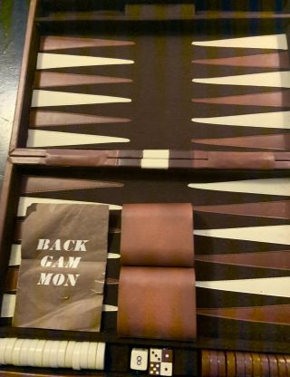 Vintage Backgammon Set Brown White Faux Leather Portable Travel Folding Case.