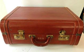 Vintage 1940s Brown Leather Luggage Suitcase Cowhide Leather Brass