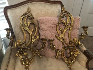 Gorgeous Pair Very Large Vintage Syroco Roses Scrolls Candle Sconces Candelabra
