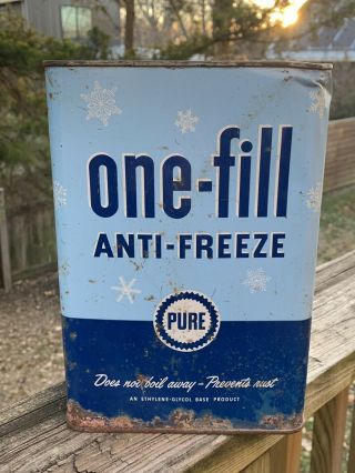 Vintage Pure Oil One Fill Anti - Freeze 1 Gallon Metal Can Oil Gas Station Sign