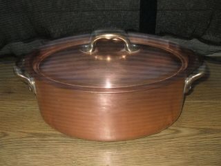 Vintage French Copper Cuisine Kitchen Casserole Stew Pan Brass Handles Tin Lined