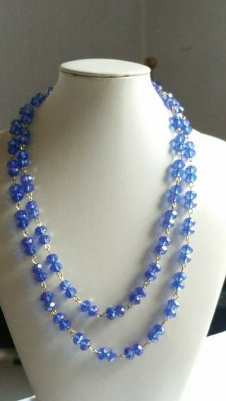 Czech Very Long Lustre Blue Faceted Glass Bead Necklace Vintage Deco Style
