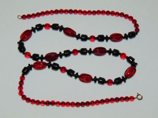 Vintage Mid Century Italian 29 " Necklace Ruby Red Black Color Art Glass Beads