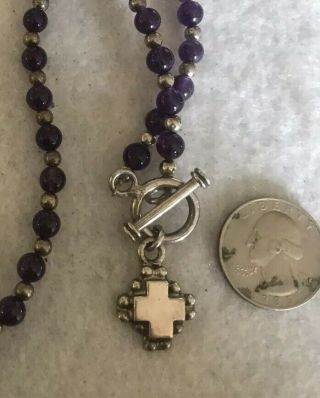 Vintage Sterling Silver Greek Cross Necklace Artisan Amethyst Beads Mexico 16 "